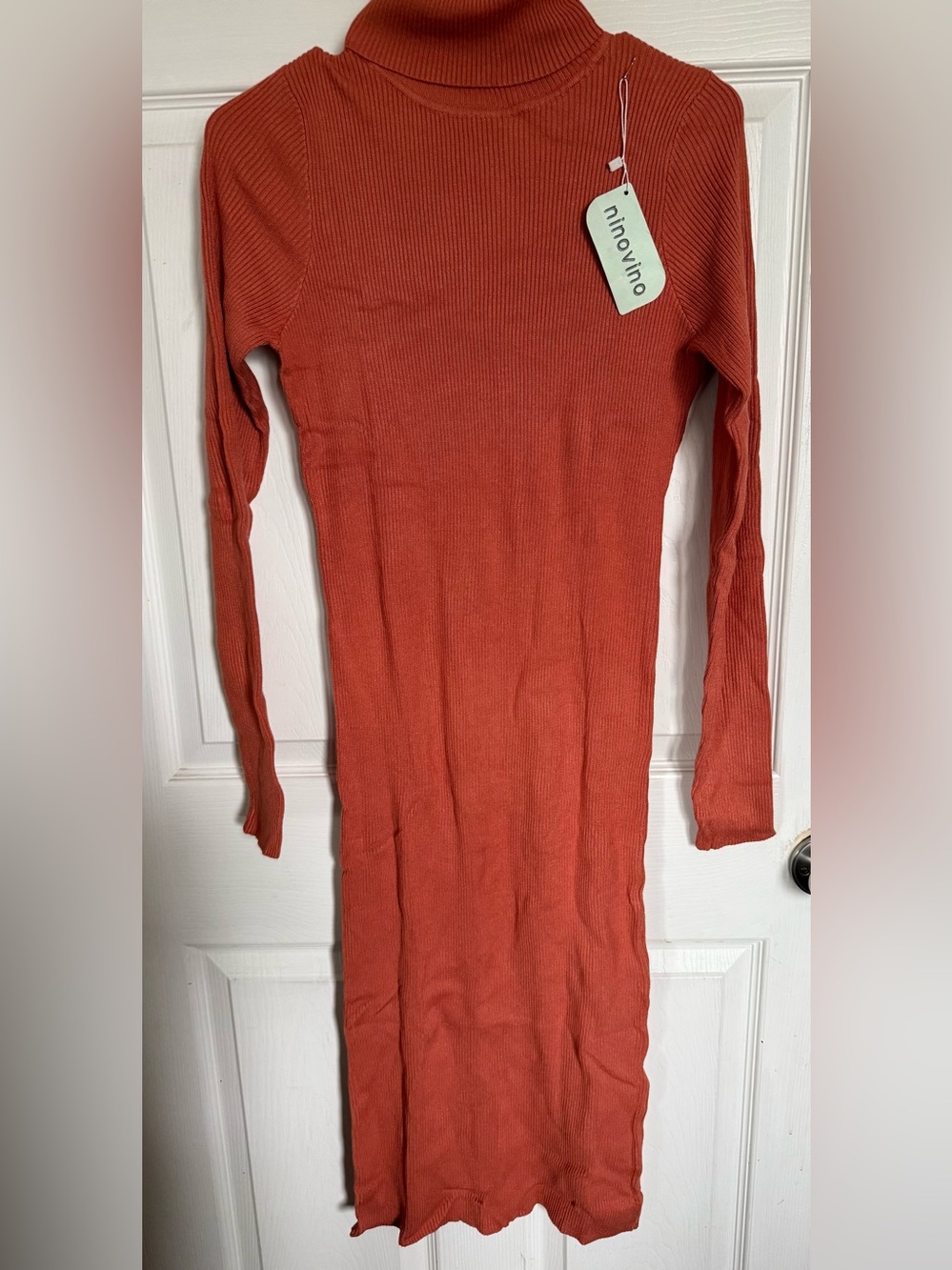 Long-Sleeve Ribbed Turtleneck Dress in Burnt Orange